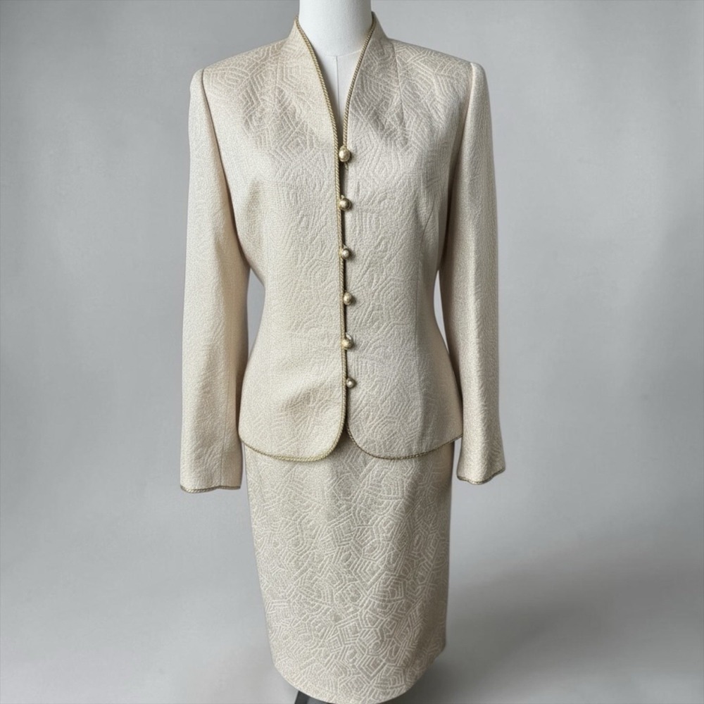Vintage Anne Crimmins UMI Ivory Silk Metallic Jacquard Skirt Suit Gold Trim 12
